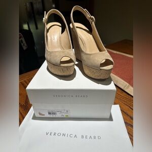 Veronica Beard Suede Dali Peep Toe Wedge Heel sz 7.5 Sand color Slingback